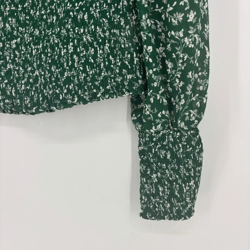 Reformation Pinto Smocked Top Green Parsley Women Size Medium Floral Long Sleeve